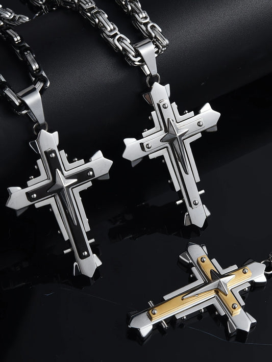 06110 RUCI Stainless Steel Cross Pendant Necklace and Bracelet Set