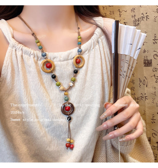 07128 RUCI Bohemian Style Vintage Porcelain Braided Necklace
