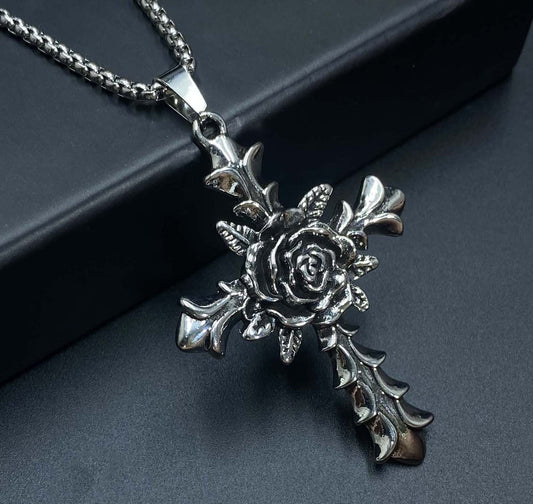 06102 RUCI Halloween Vintage Rose Cross Necklace